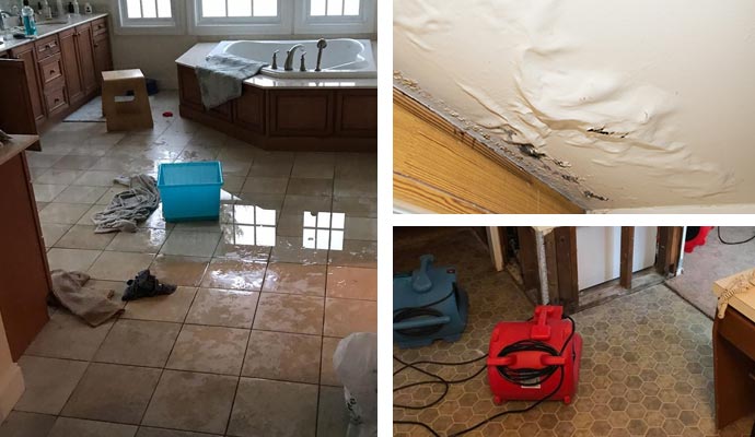 water damaged bathroom and ceiling and restoration equipment