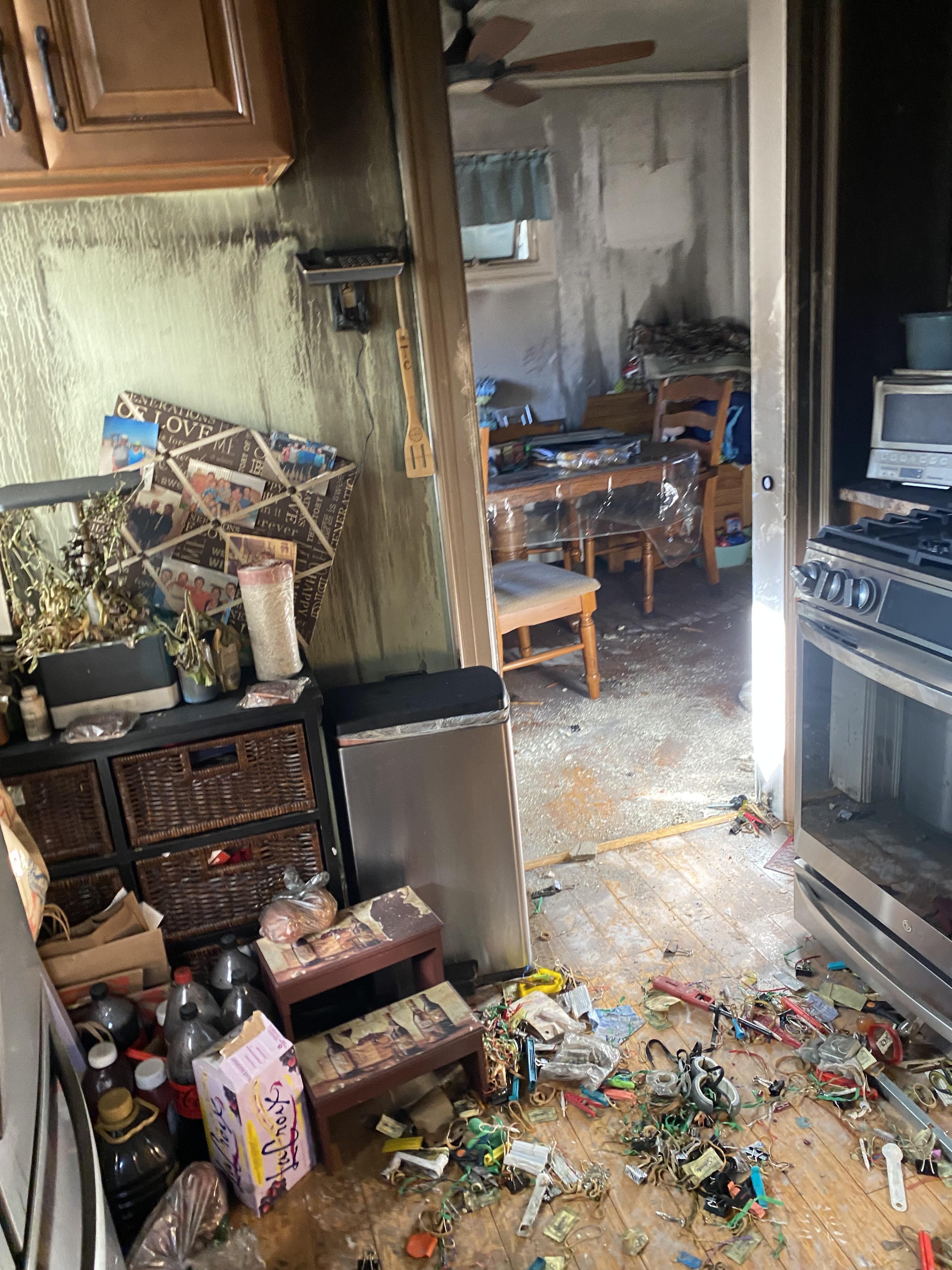 Fire and water damaged kitchen