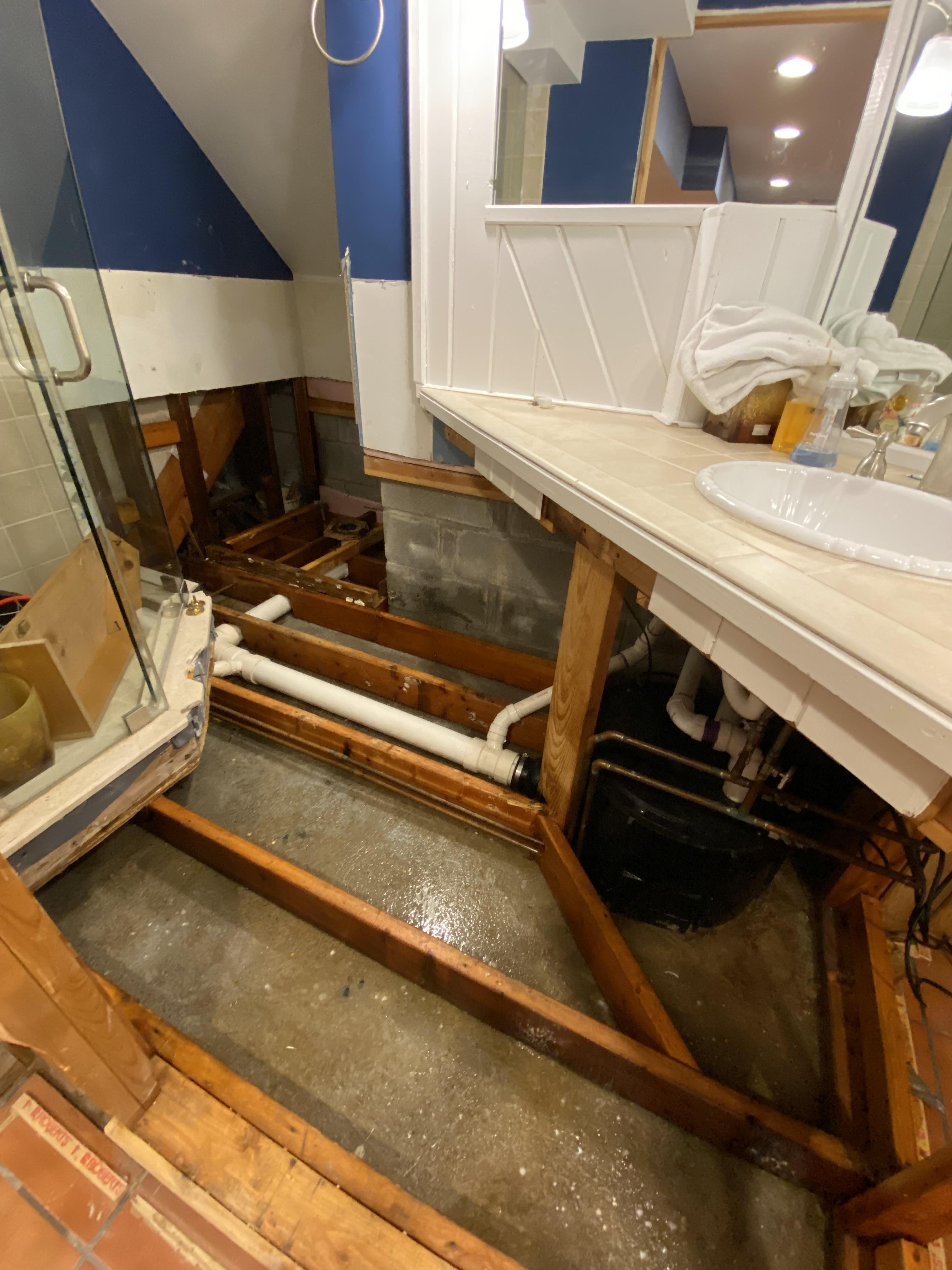 Removal of floor tile, vanity, toilet and lower walls